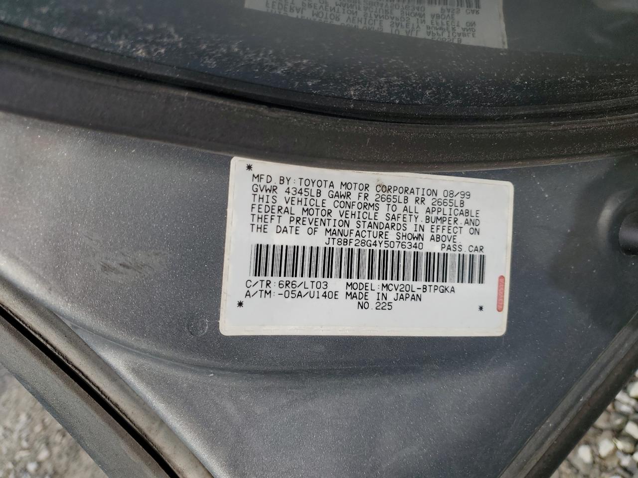 2000 Lexus Es 300 VIN: JT8BF28G4Y5076340 Lot: 48509395