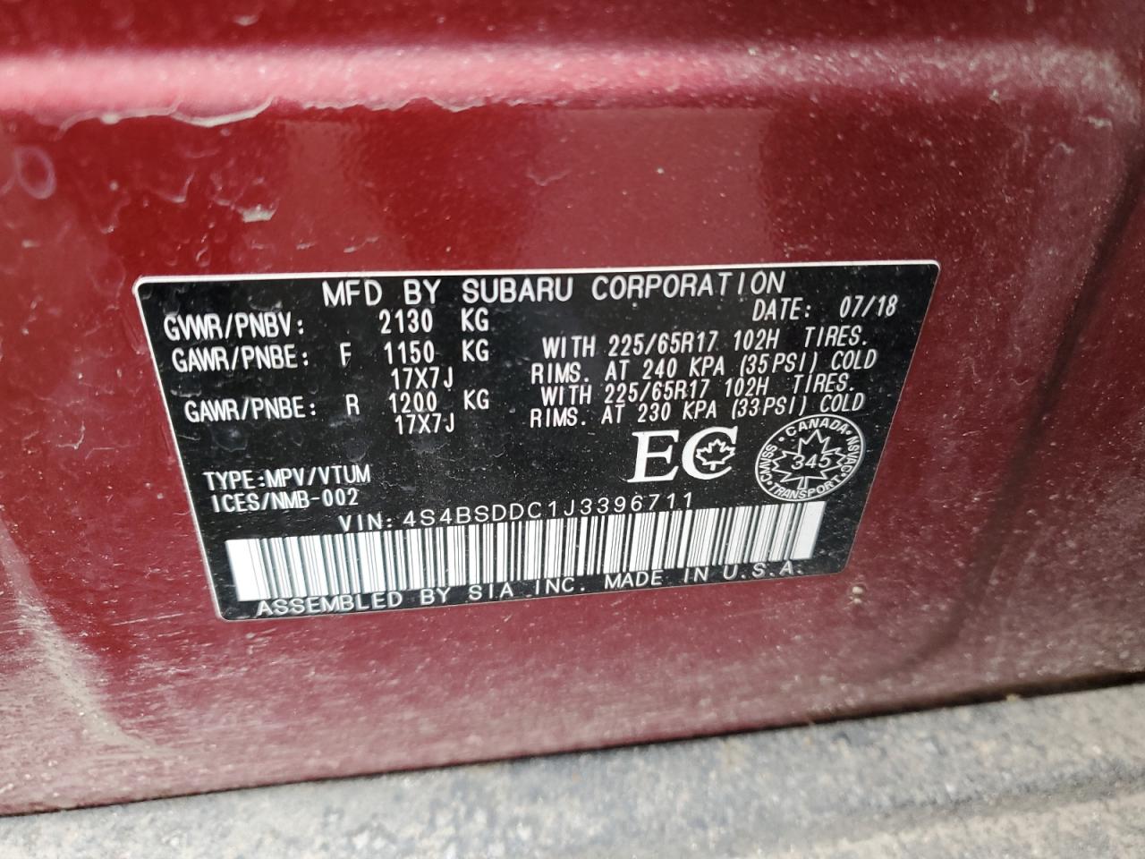 2018 Subaru Outback 2.5I Premium VIN: 4S4BSDDC1J3396711 Lot: 48903875