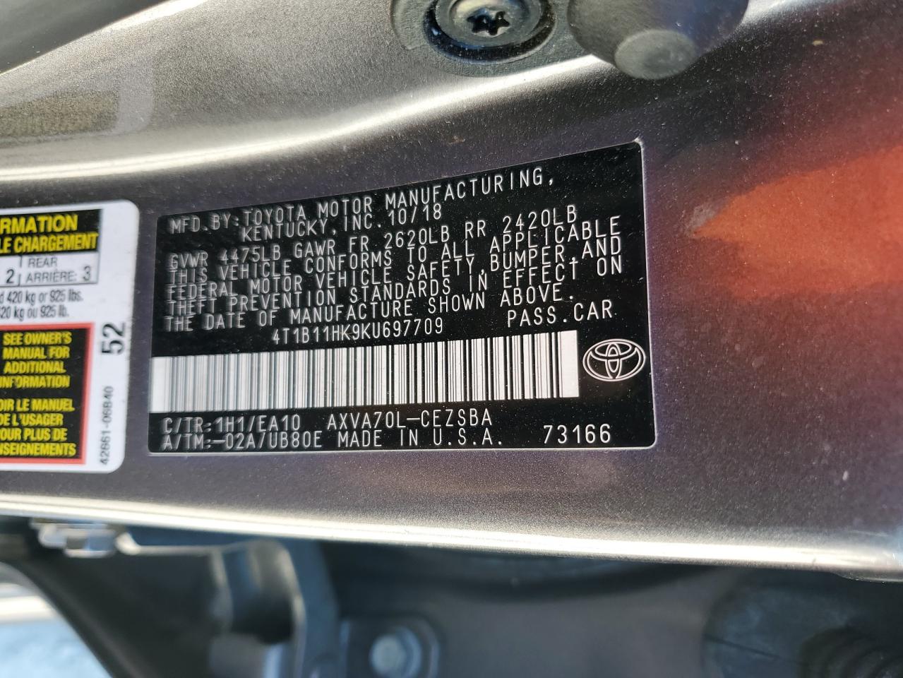 4T1B11HK9KU697709 TOYOTA CAMRY 2019