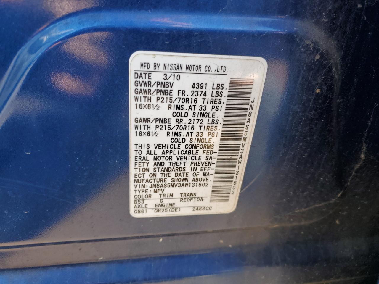 2010 Nissan Rogue VIN: JN8AS5MD3AW131802 Lot: 50155415