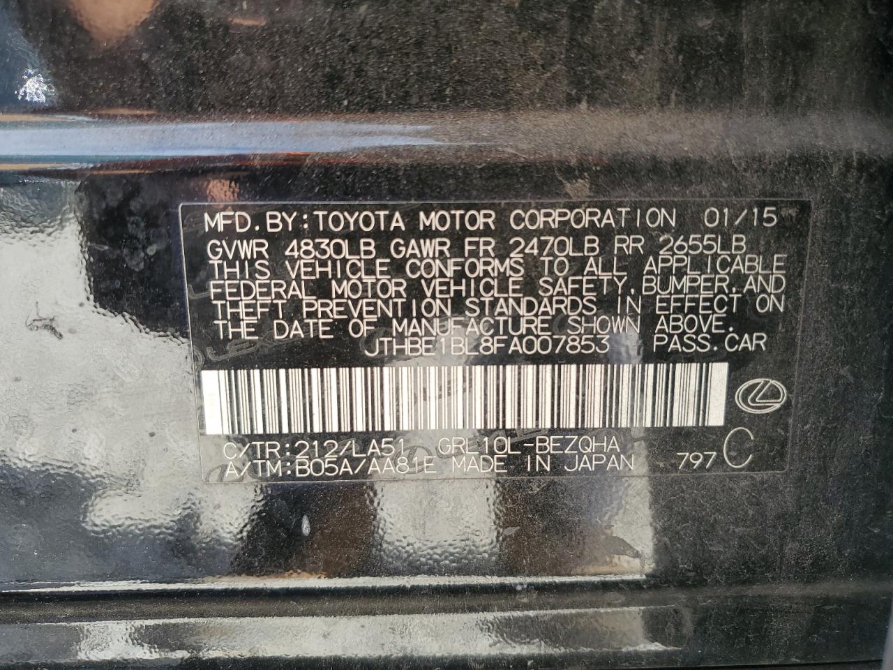 2015 Lexus Gs 350 VIN: JTHBE1BL8FA007853 Lot: 49053555