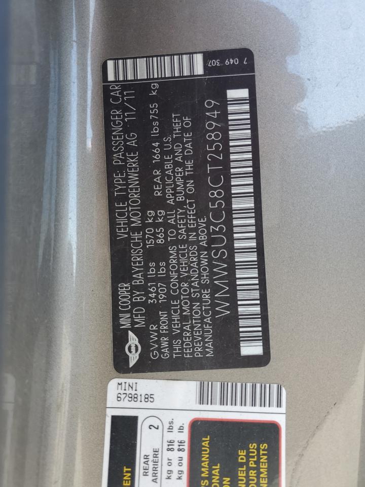 2012 Mini Cooper VIN: WMWSU3C58CT258949 Lot: 50094765