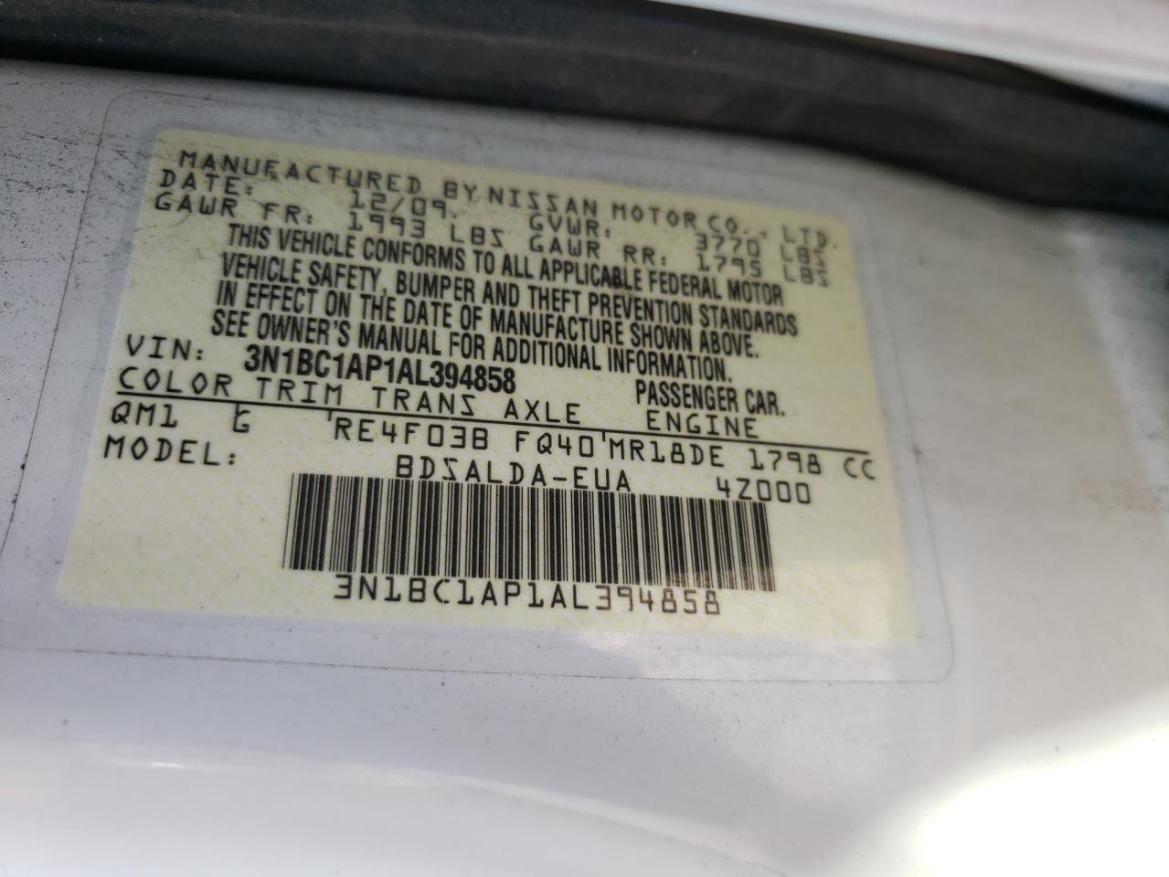 2010 Nissan Versa S VIN: 3N1BC1AP1AL394858 Lot: 48072955