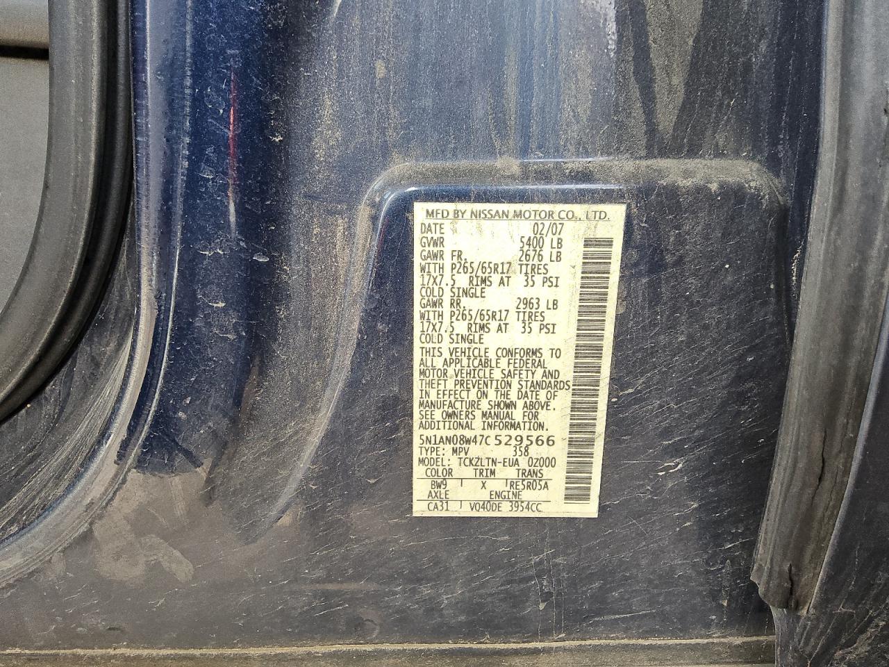 2007 Nissan Xterra Off Road VIN: 5N1AN08W47C529566 Lot: 48967835