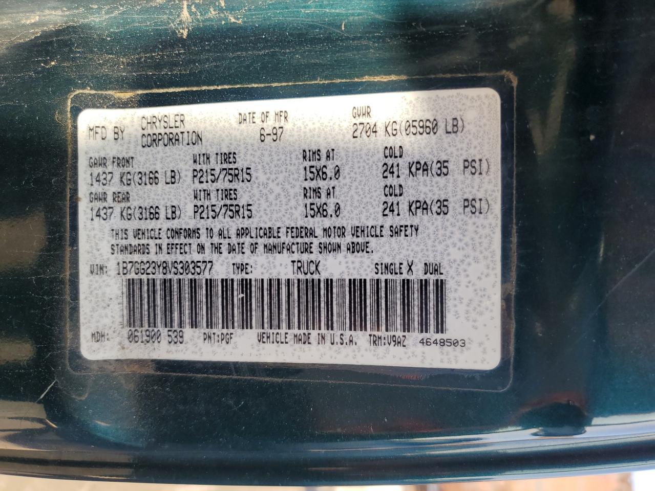 1997 Dodge Dakota VIN: 1B7GG23Y8VS303577 Lot: 48778865