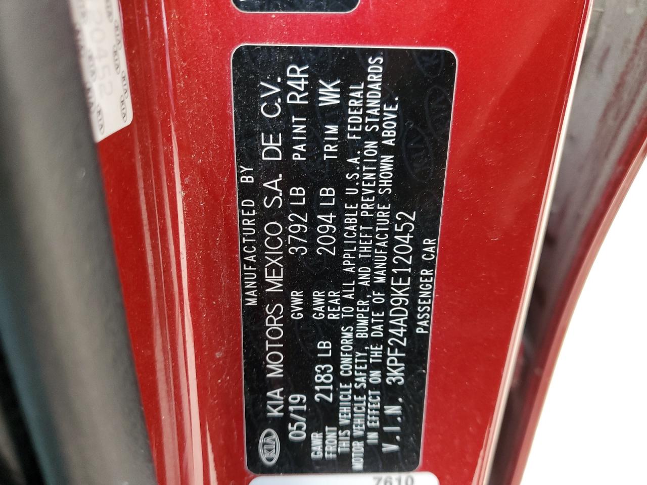 2019 Kia Forte Fe VIN: 3KPF24AD9KE120452 Lot: 49319865