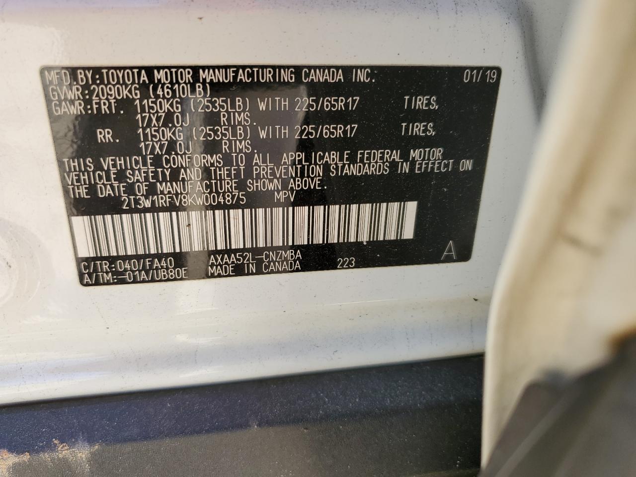 2T3W1RFV8KW004875 TOYOTA RAV4 2019