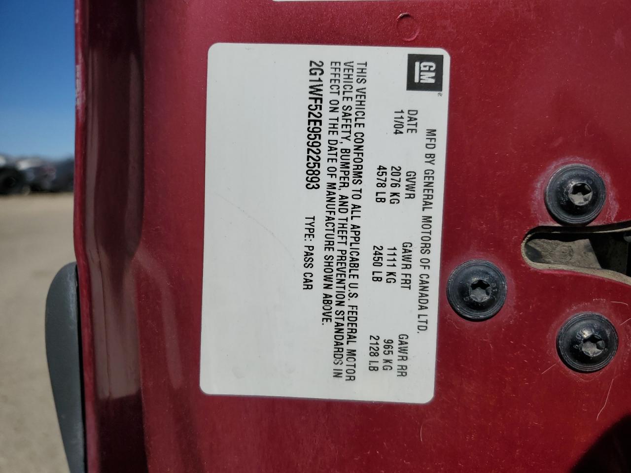 2005 Chevrolet Impala VIN: 2G1WF52E959225893 Lot: 48149805