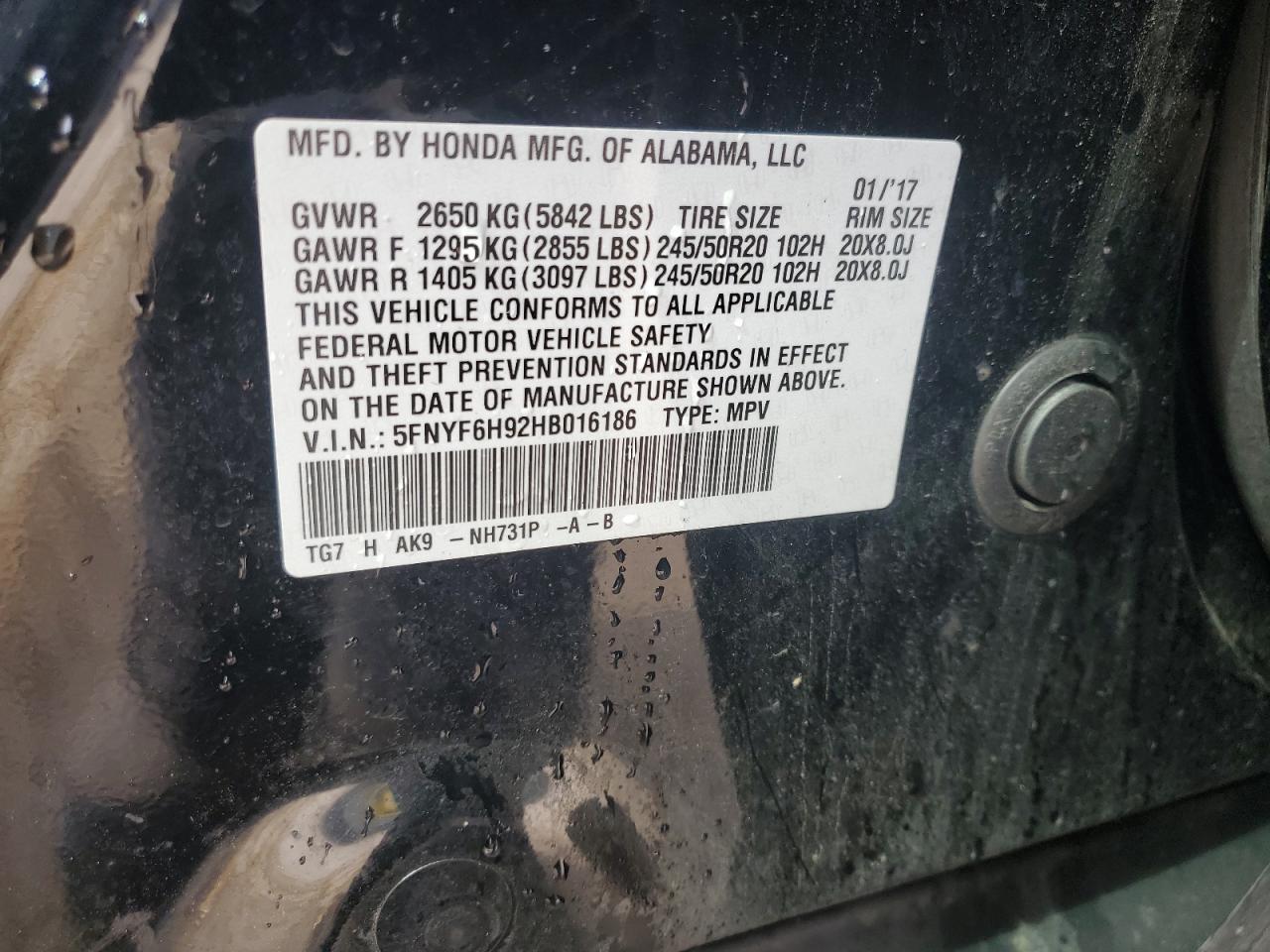 2017 Honda Pilot Touring VIN: 5FNYF6H92HB016186 Lot: 46577555