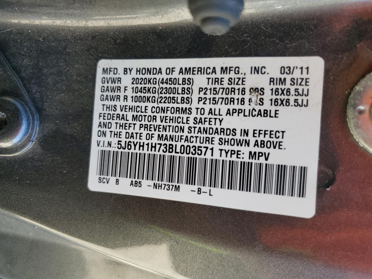 2011 Honda Element Ex VIN: 5J6YH1H73BL003571 Lot: 50944325