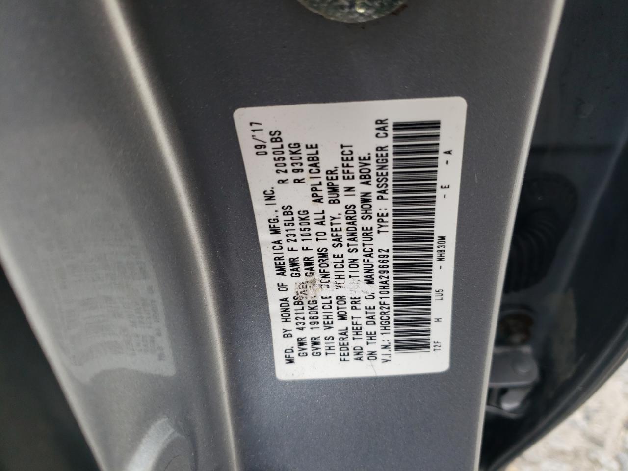 1HGCR2F10HA296692 HONDA ACCORD 2017