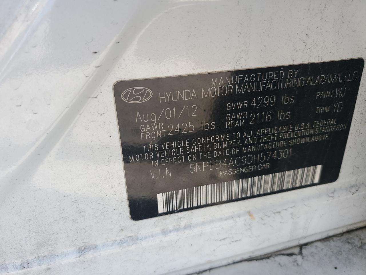 2013 Hyundai Sonata Gls VIN: 5NPEB4AC9DH574301 Lot: 49895815