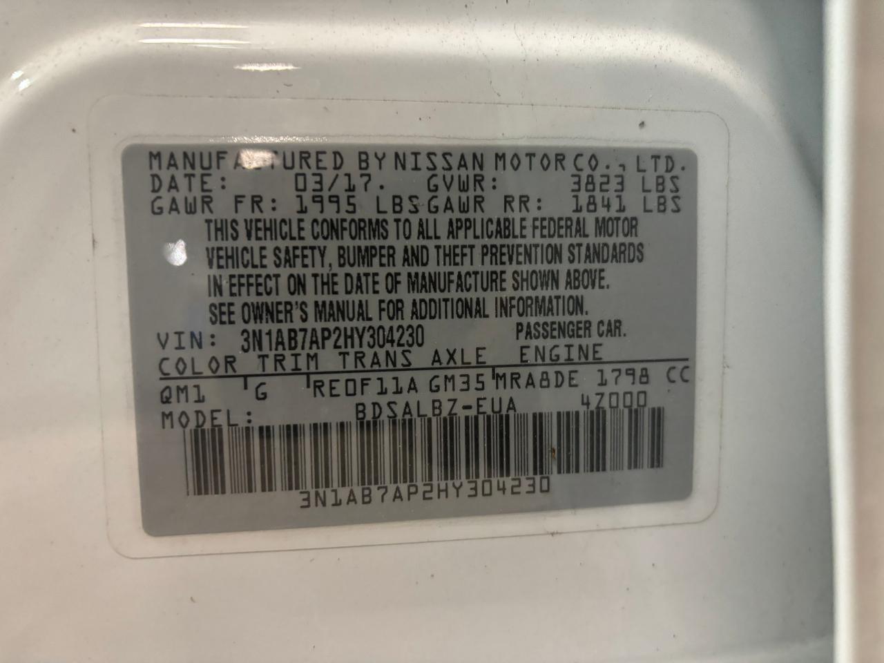 VIN: 3N1AB7AP2HY304230 2017 NISSAN SENTRA