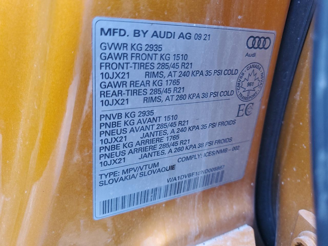 2022 Audi Q8 Progressiv VIN: WA1DVBF18ND005987 Lot: 49174965