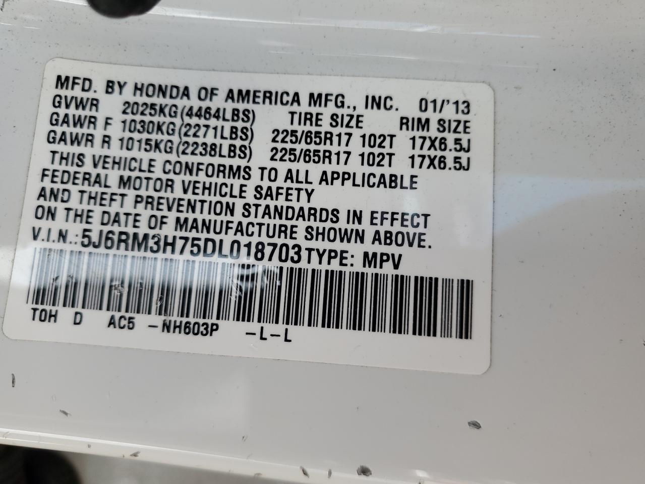 2013 Honda Cr-V Exl VIN: 5J6RM3H75DL018703 Lot: 50778475