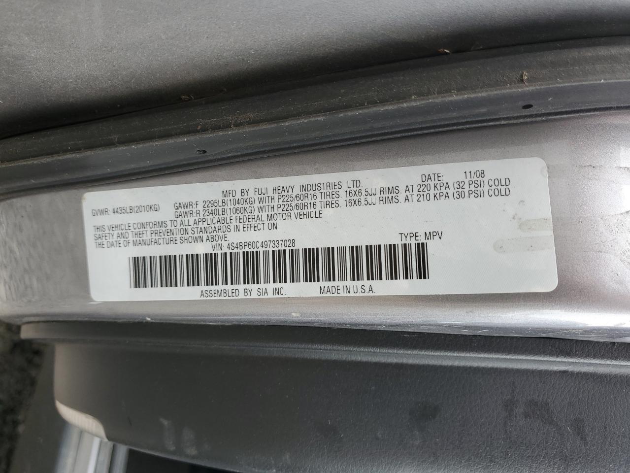 2009 Subaru Outback VIN: 4S4BP60C497337028 Lot: 50795115