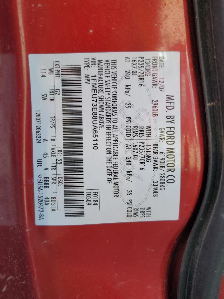 2008 Ford Explorer Xlt VIN: 1FMEU73E88UA65110 Lot: 50704955