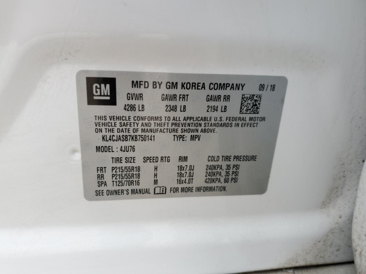2019 Buick Encore Preferred VIN: KL4CJASB7KB750141 Lot: 51151345