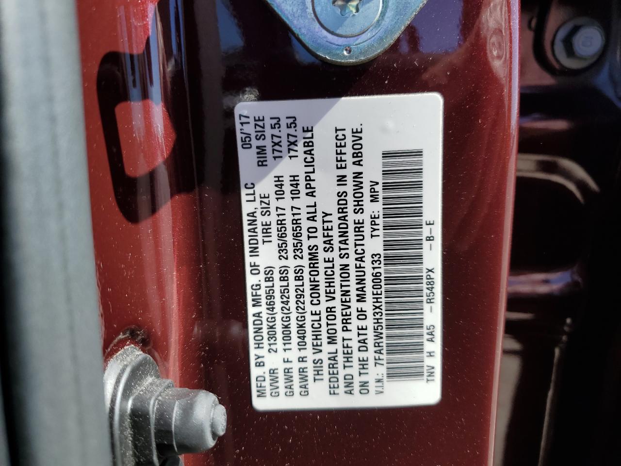 7FARW5H3XHE006133 HONDA CRV 2017