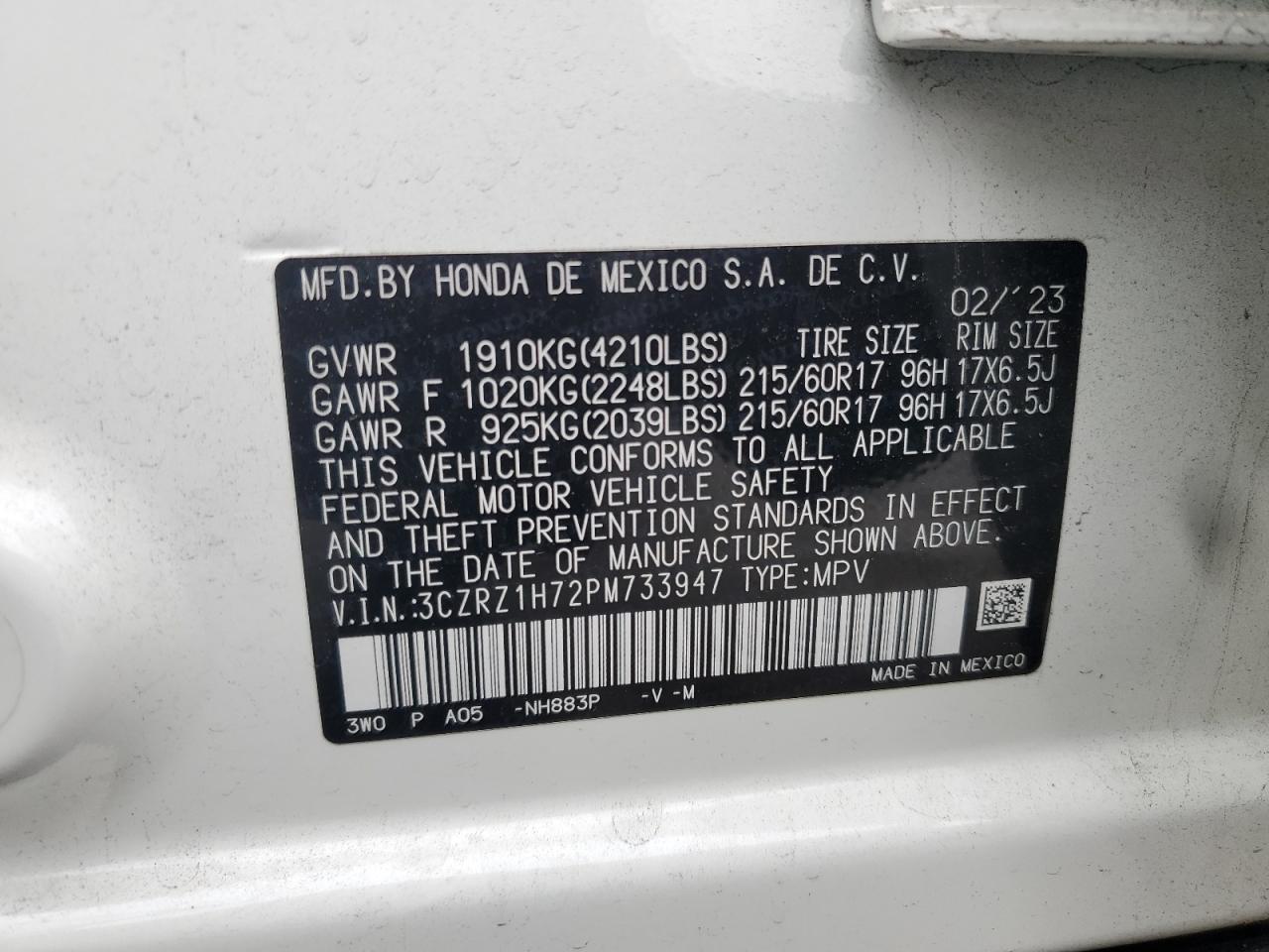 2023 Honda Hr-V Exl VIN: 3CZRZ1H72PM733947 Lot: 51079145
