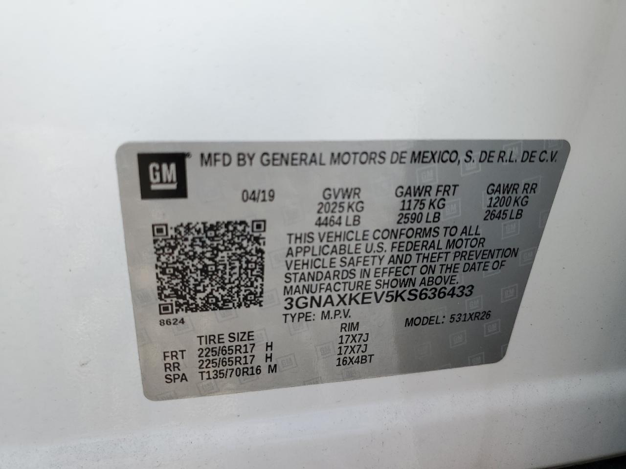 3GNAXKEV5KS636433 CHEVROLET EQUINOX 2019