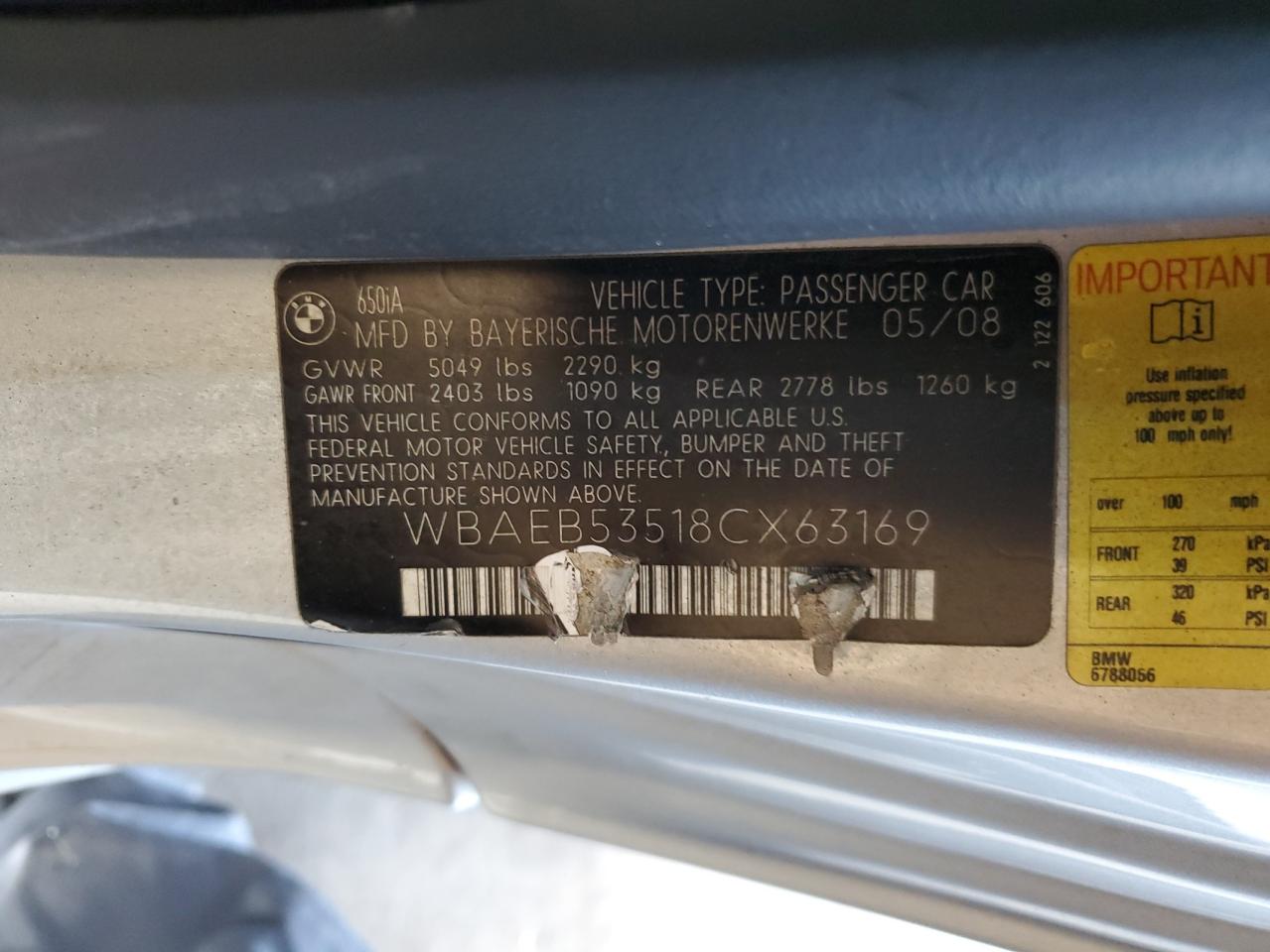2008 BMW 650 I VIN: WBAEB53518CX63169 Lot: 49699635
