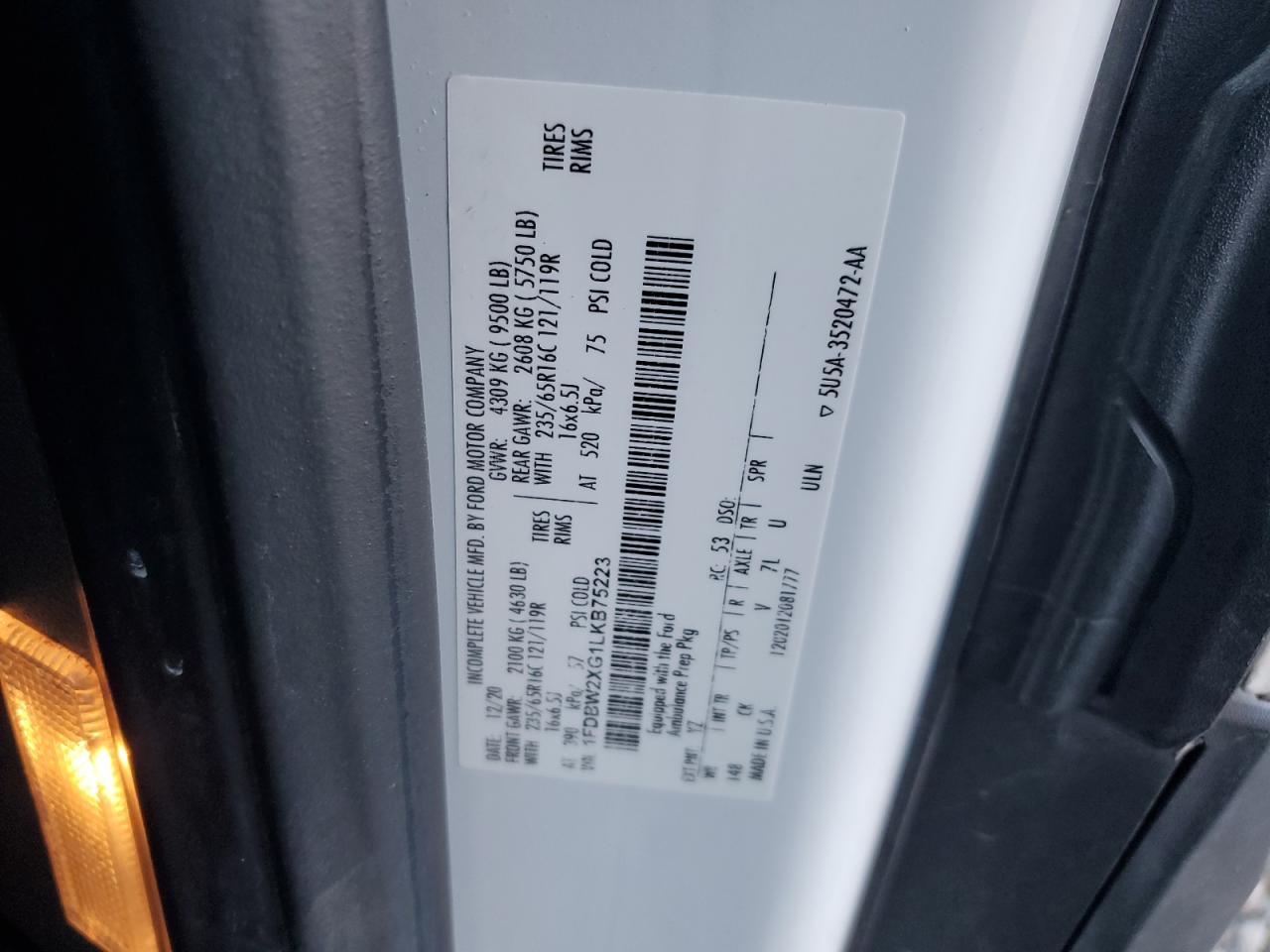 1FDBW2XG1LKB75223 FORD TRANSIT 2020