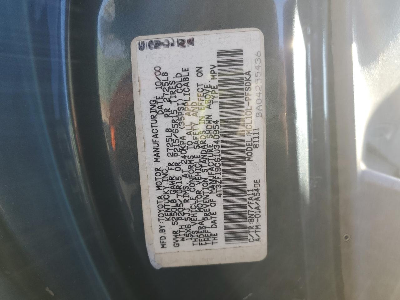 2001 Toyota Sienna Ce VIN: 4T3ZF19C61U340954 Lot: 47937325