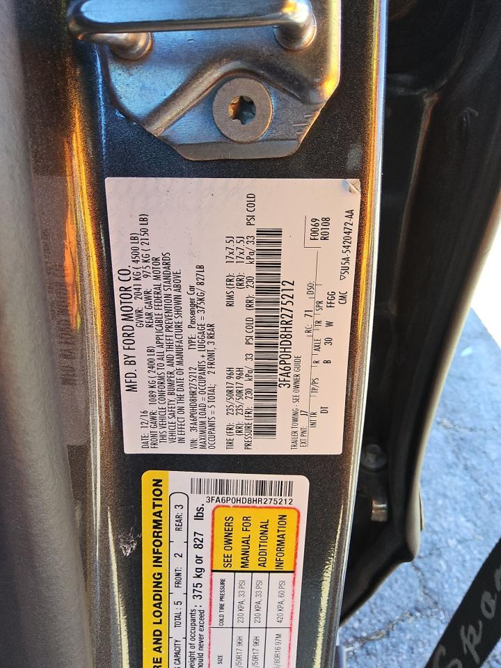 2017 Ford Fusion Se VIN: 3FA6P0HD8HR275212 Lot: 50244415