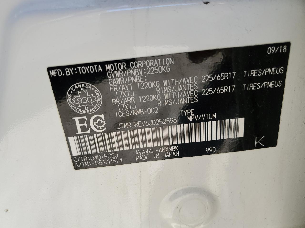 JTMRJREV6JD252598 TOYOTA RAV4 2018