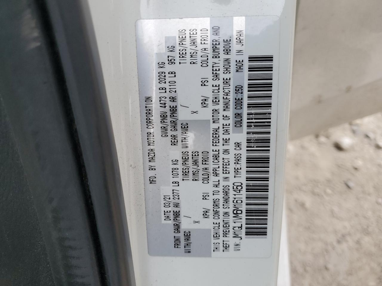 2021 Mazda 6 Touring VIN: JM1GL1VM6M1611450 Lot: 48771335