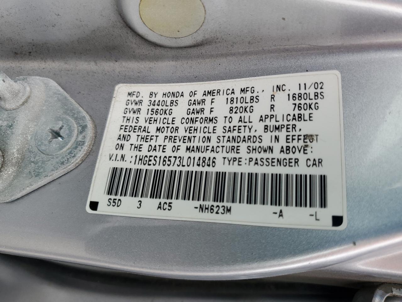 2003 Honda Civic Lx VIN: 1HGES16573L014846 Lot: 49913235