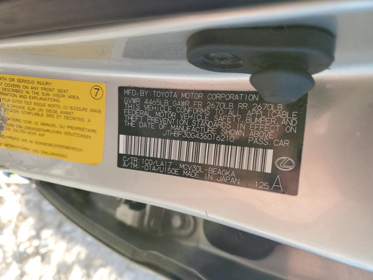 2003 Lexus Es 300 VIN: JTHBF30G436016210 Lot: 49354195