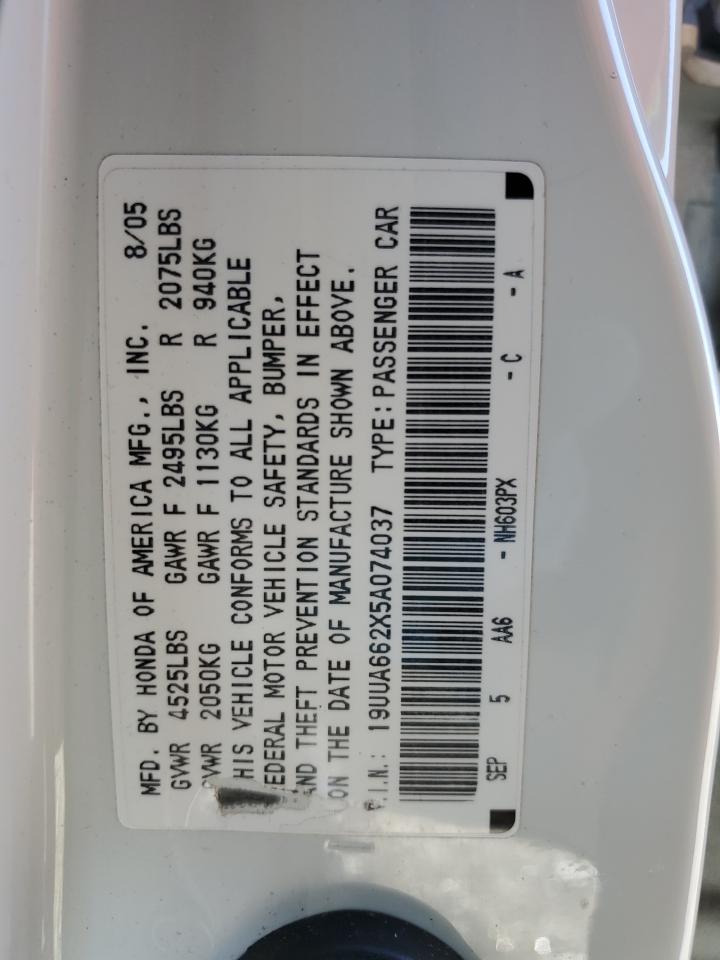 2005 Acura Tl VIN: 19UUA662X5A074037 Lot: 50592365