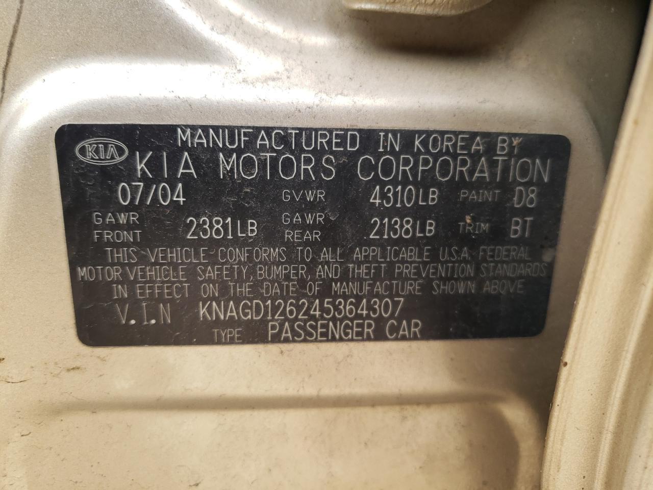 2004 Kia Optima Lx VIN: KNAGD126245364307 Lot: 50368625
