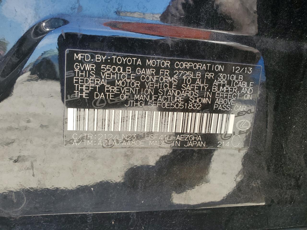 2014 Lexus Ls 460L VIN: JTHGL5EF0E5051832 Lot: 50557425