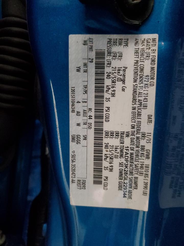 1FADP3K28GL229344 FORD FOCUS 2016