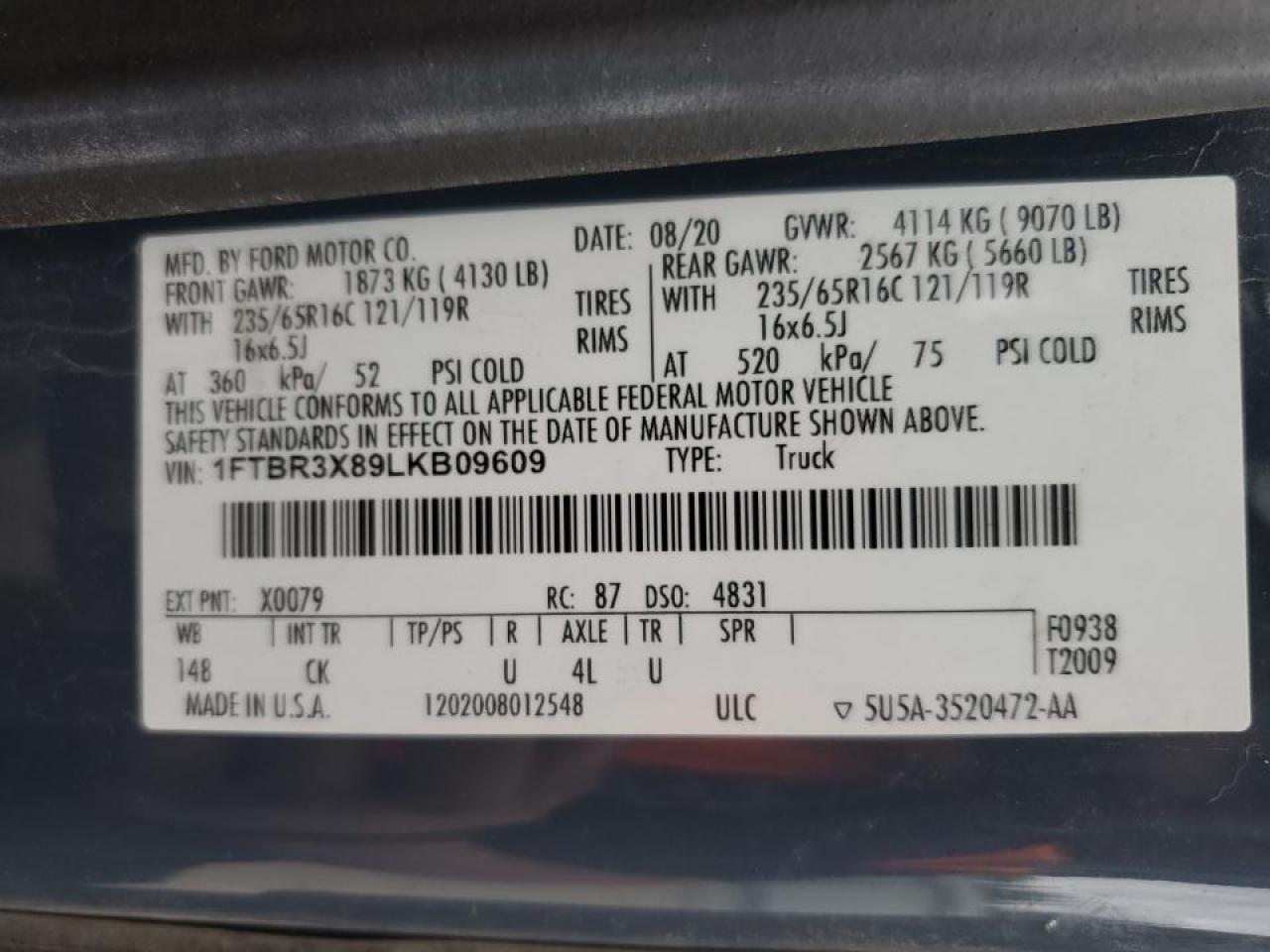 2020 Ford Transit T-250 VIN: 1FTBR3X89LKB09609 Lot: 49649305