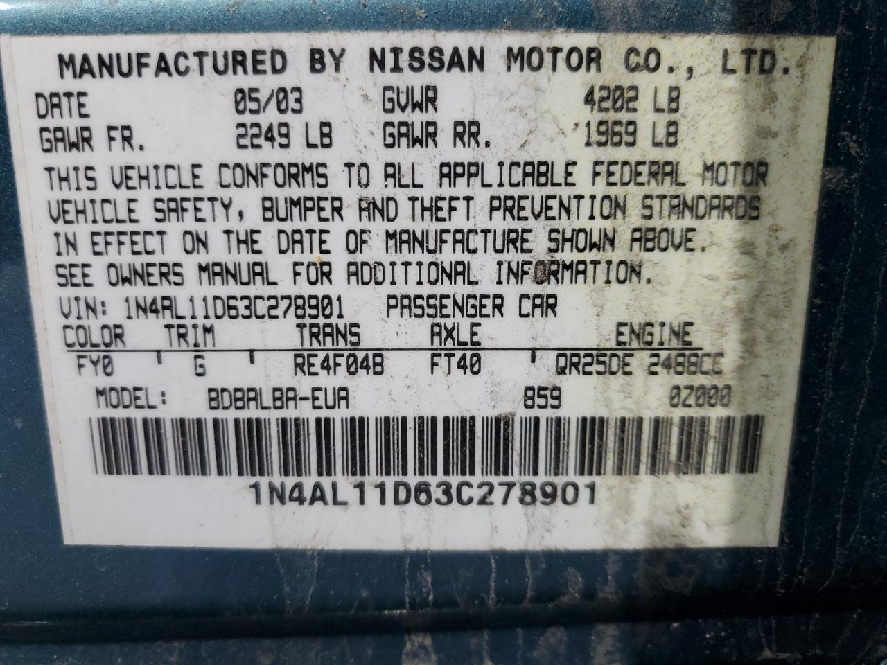 2003 Nissan Altima Base VIN: 1N4AL11D63C278901 Lot: 50864355
