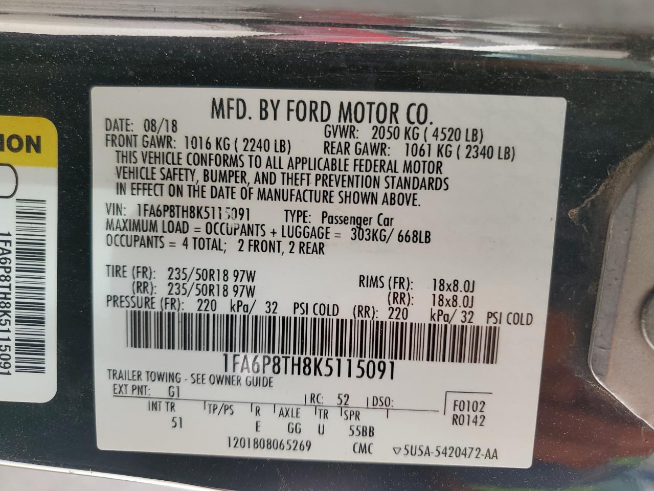 1FA6P8TH8K5115091 FORD ALL Models 2019
