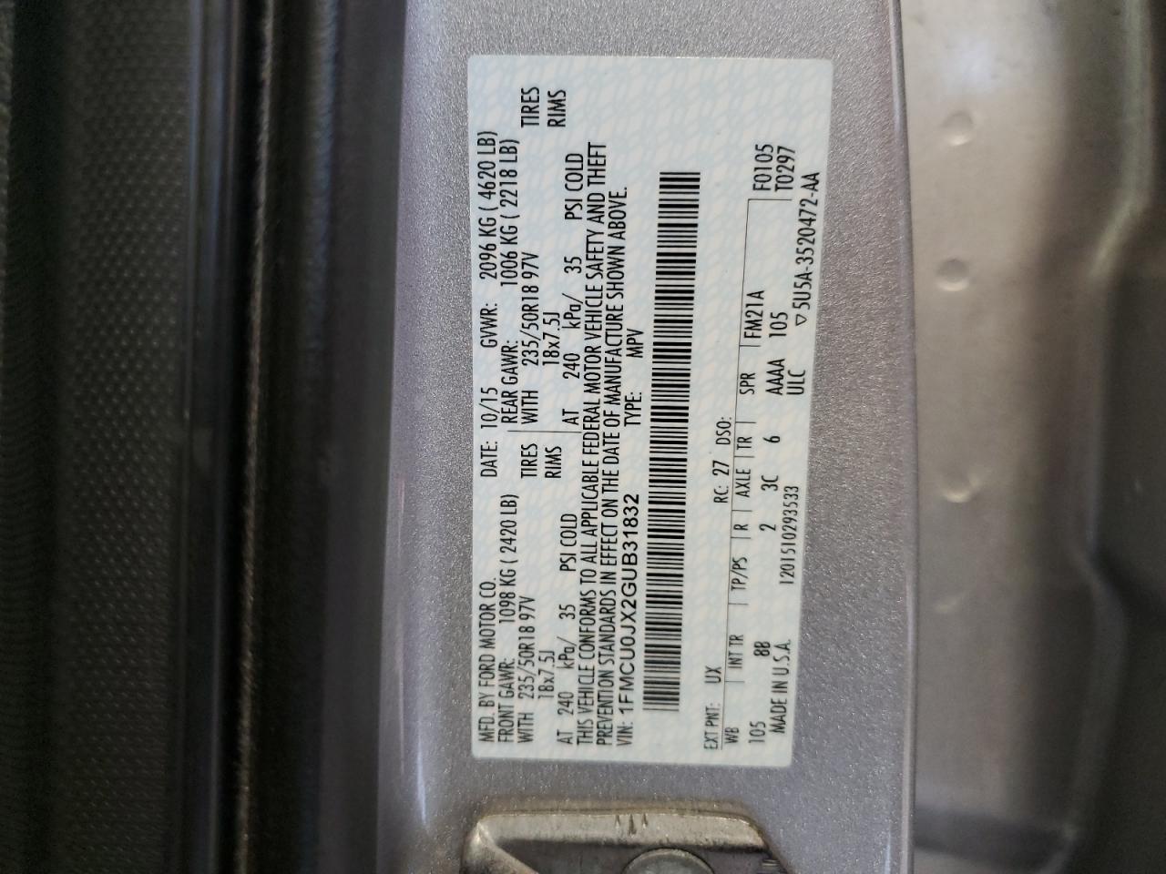1FMCU0JX2GUB31832 FORD ESCAPE 2016