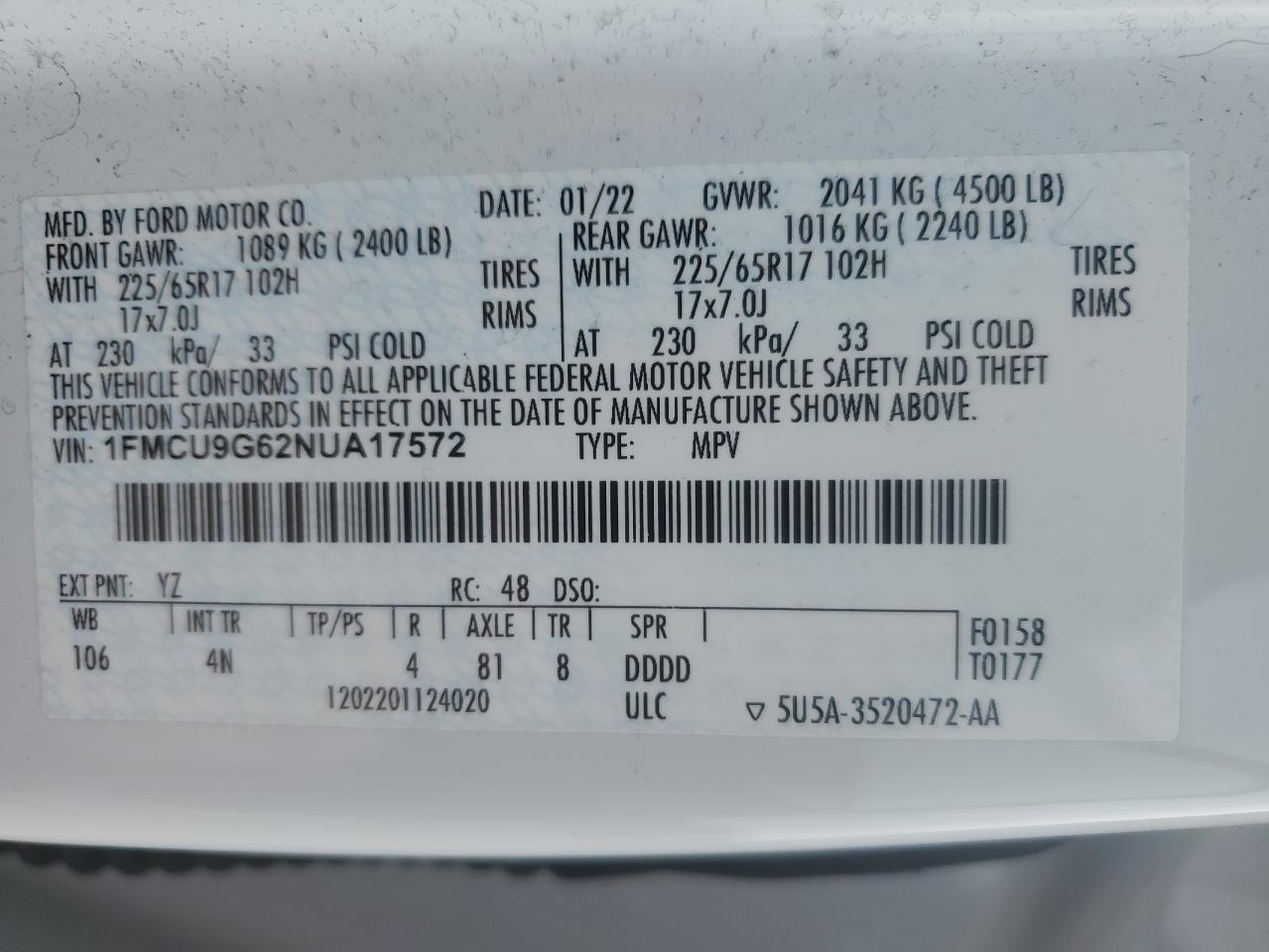 2022 Ford Escape Se VIN: 1FMCU9G62NUA17572 Lot: 49867825