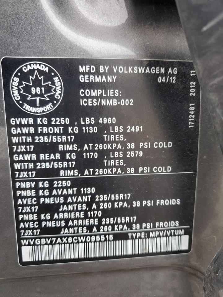 2012 Volkswagen Tiguan S VIN: WVGBV7AX6CW095515 Lot: 48395205