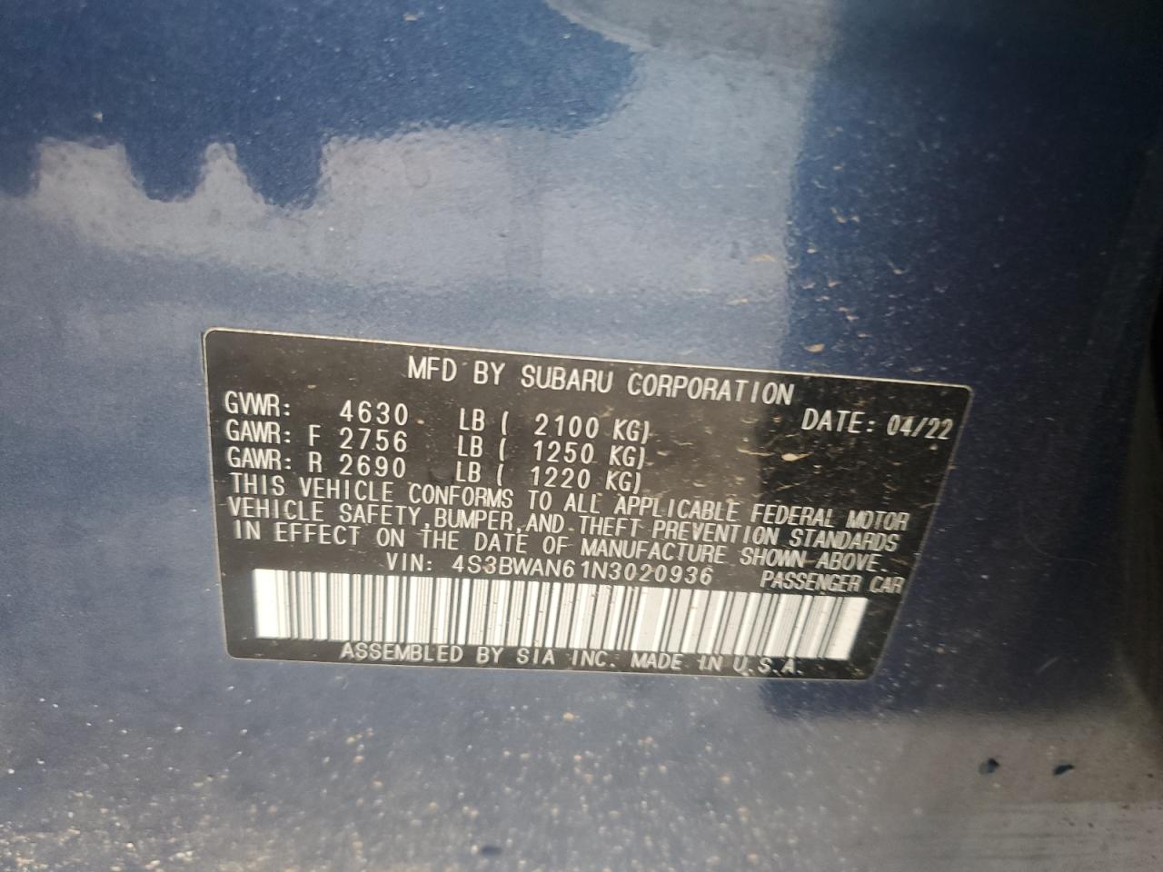 2022 Subaru Legacy Limited VIN: 4S3BWAN61N3020936 Lot: 51078095