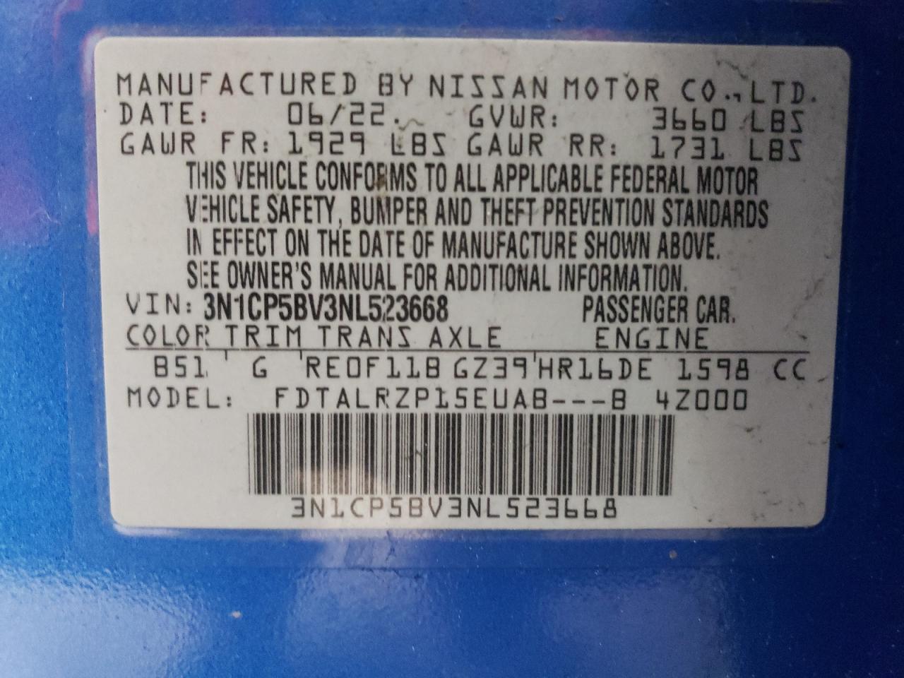 3N1CP5BV3NL523668 NISSAN KICKS 2022