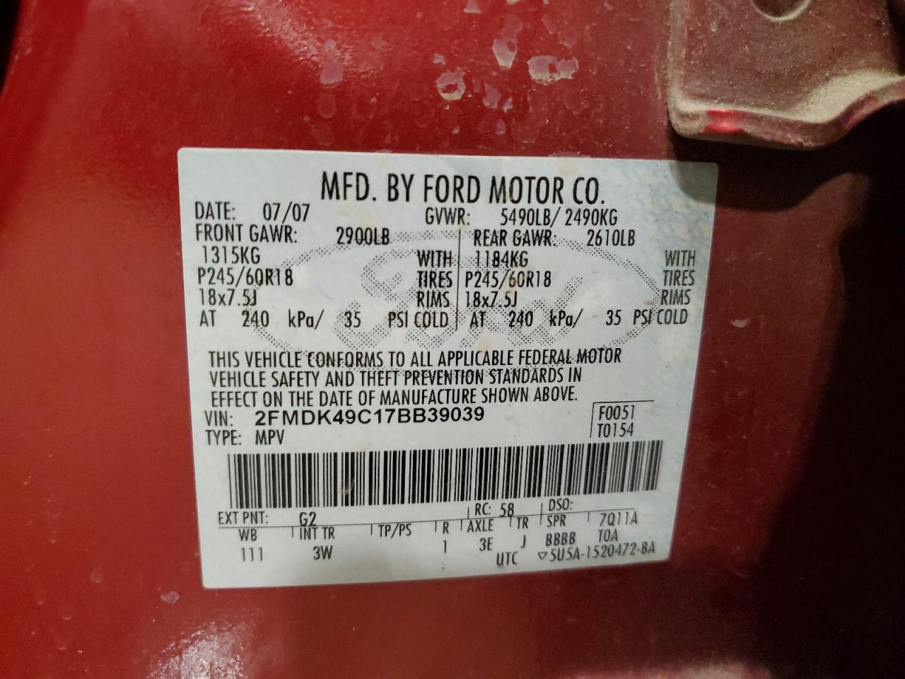 2007 Ford Edge Sel Plus VIN: 2FMDK49C17BB39039 Lot: 71882245