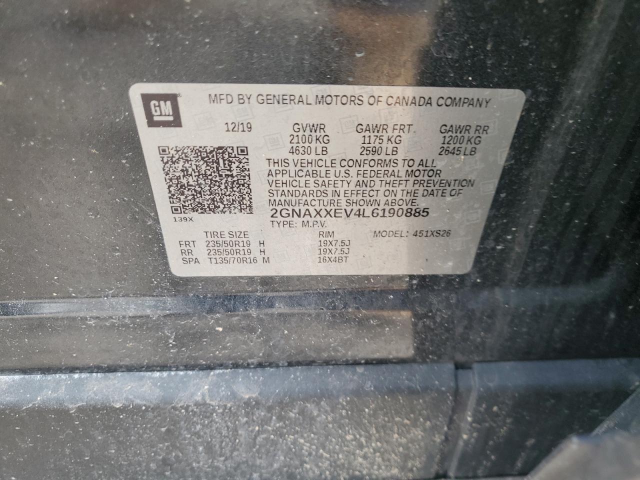 2GNAXXEV4L6190885 CHEVROLET EQUINOX 2020