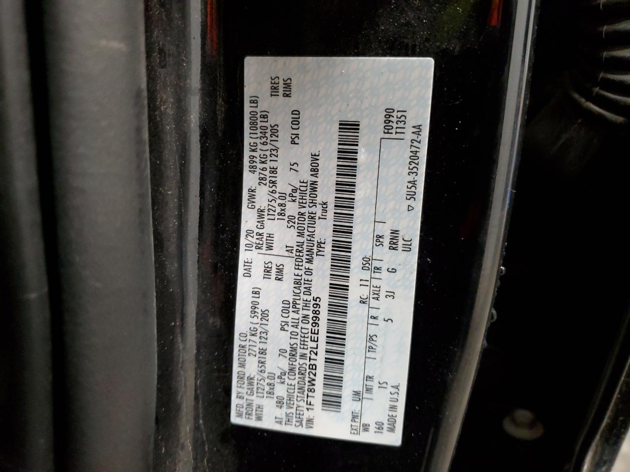 2020 Ford F250 Super Duty VIN: 1FT8W2BT2LEE99895 Lot: 51094245