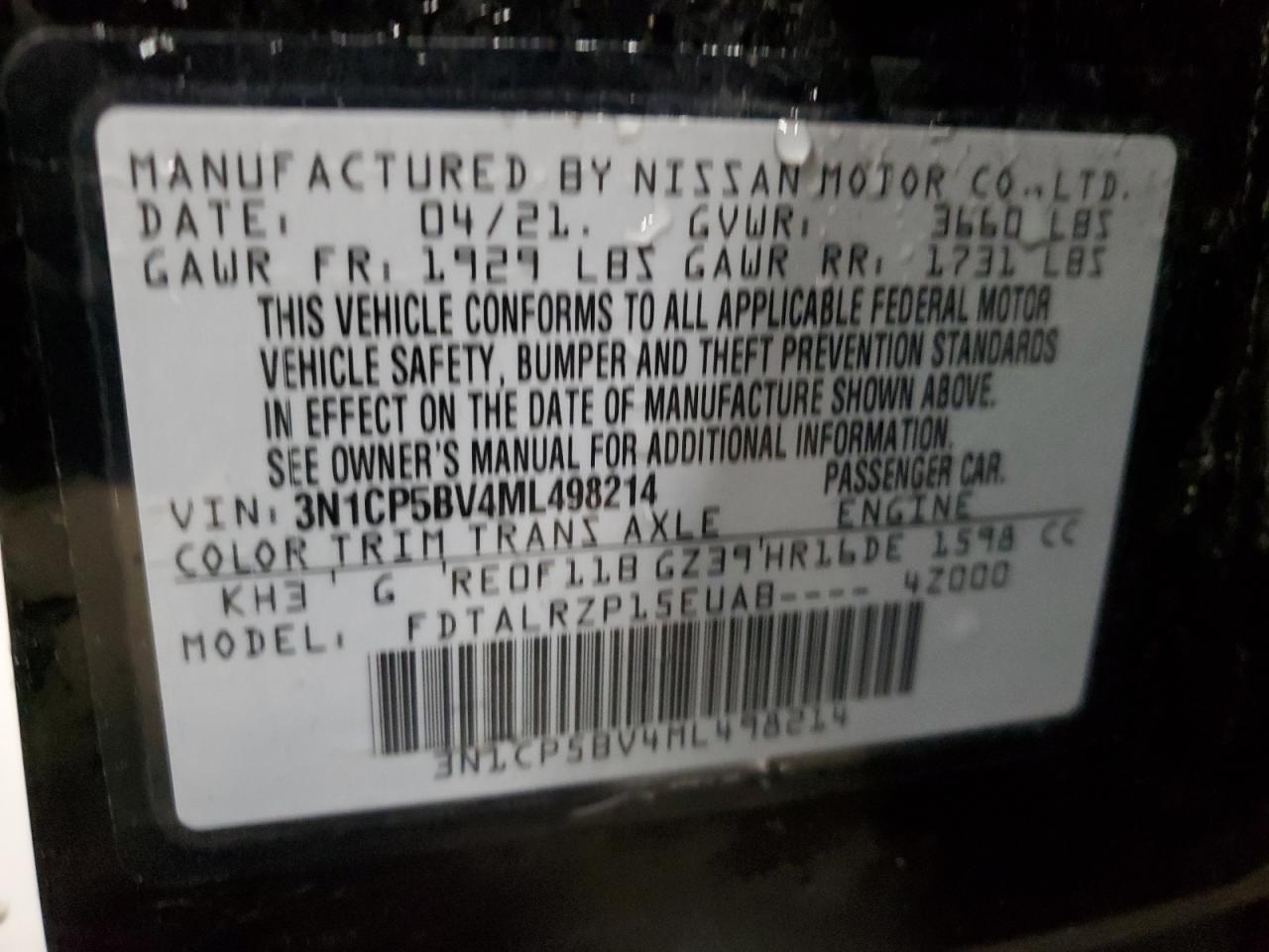 3N1CP5BV4ML498214 NISSAN KICKS 2021