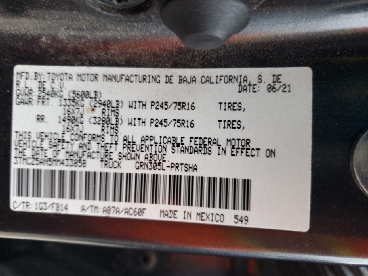 3TMCZ5AN5MM433858 TOYOTA TACOMA 2021